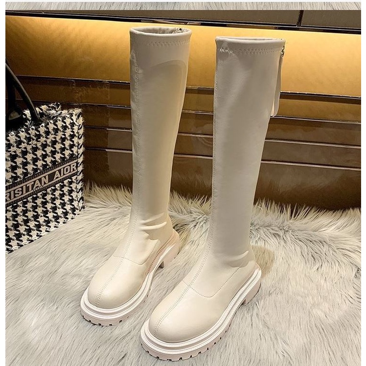 Bốt đùi cao cổ WOMENSTORY lót nỉ giày Boots nữ da PU mềm đế răng cưa 5 cm boot khóa sau thời trang mùa đông MS 110