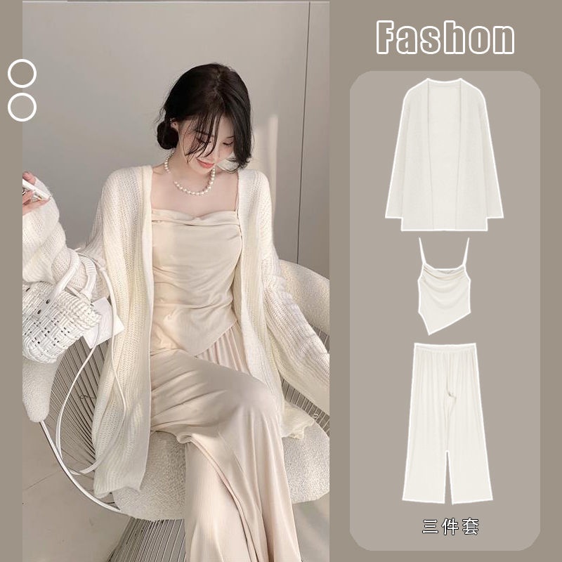 Set Áo Khoác cardigan + Áo Hai Dây + Quần Ống Rộng Lưng Cao Thời Trang Thu Đông Cho Nữ 2022