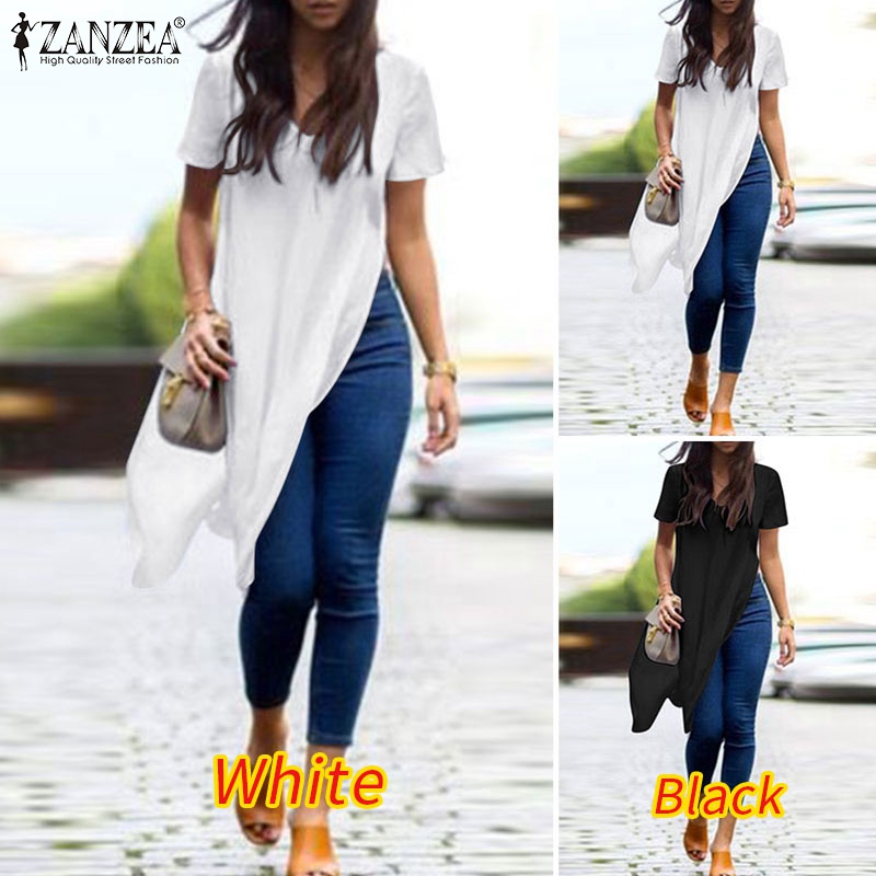 Áo thun Zanzea tay ngắn cổ tròn xẻ tà sành điệu dành cho nữ