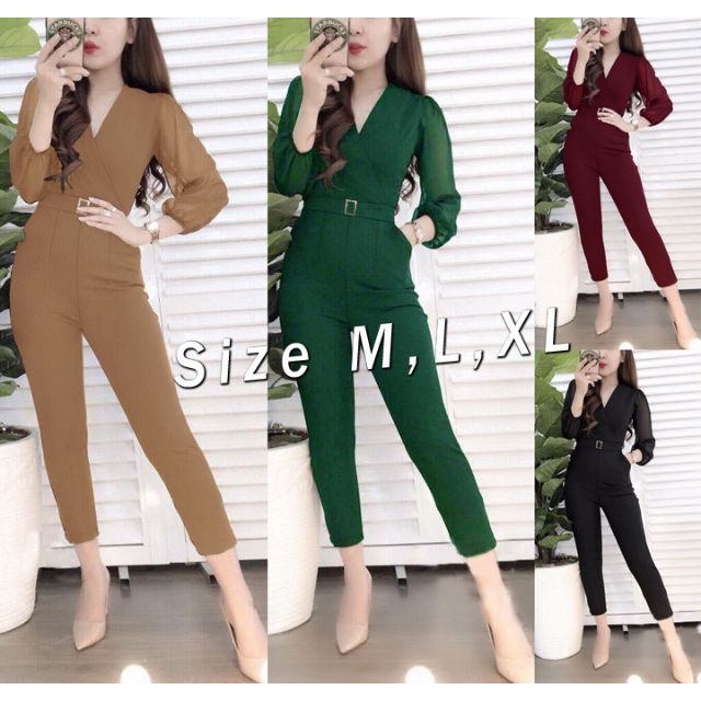 Jum dài cổ đắp chéo tay phối vải chiffon kèm belt liền