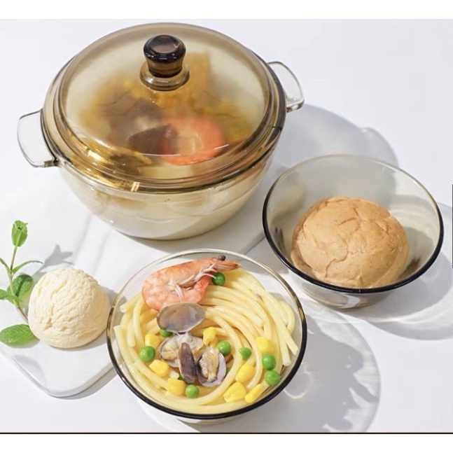 COMBO BỘ 5 MÓN NỒI & 4 BÁT THUỶ TINH CHỊU NHIỆT - NỒI THUỶ TINH TRÒN