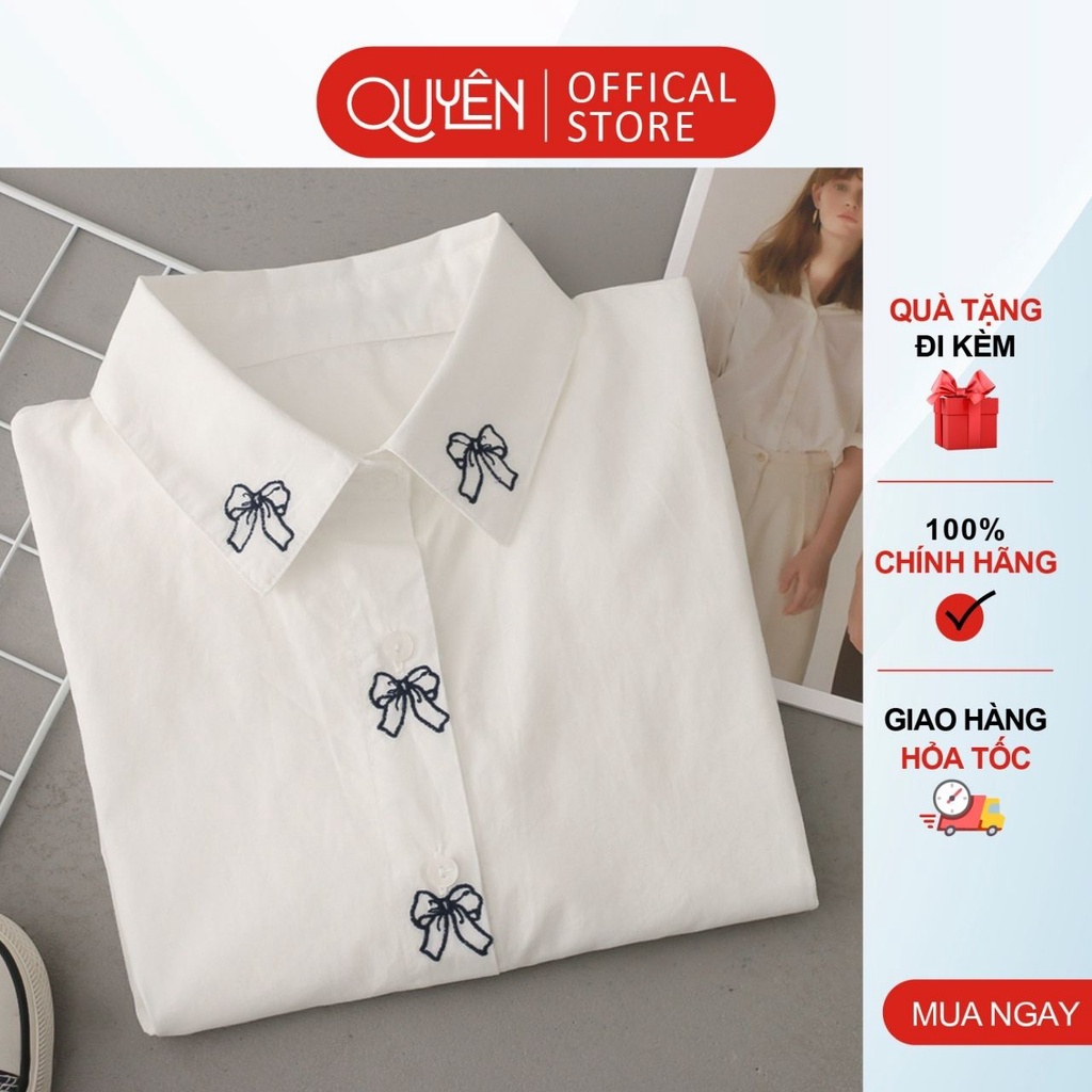 Áo sơ mi thêu họa tiết nơ công sở nữ AA546 Quyên Fasihon màu trắng bacsic trẻ trung, kiểu dáng hàn quốc
