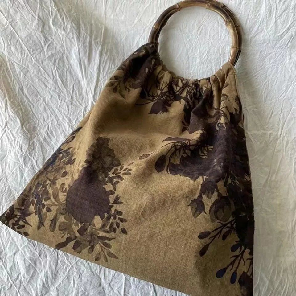 Túi Xách Tay Bằng Tre In Hoa Trà Phong Cách Vintage Đa Năng 2 Kiểu