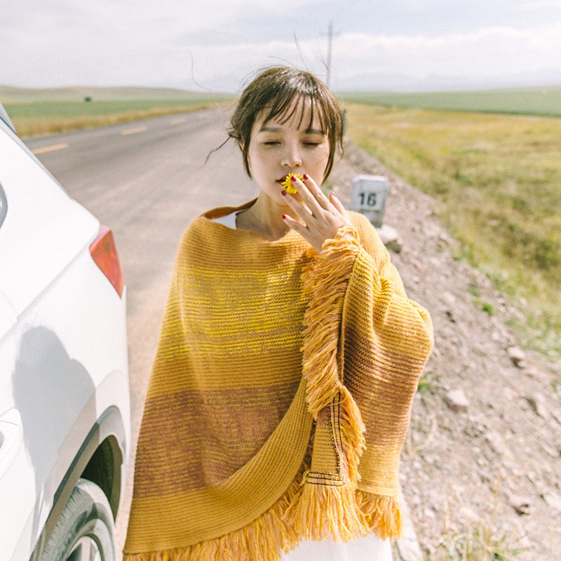 Cardigan len dáng choàng cape tông vàng mù tạt - MS030 (Có ảnh thật) | BigBuy360 - bigbuy360.vn