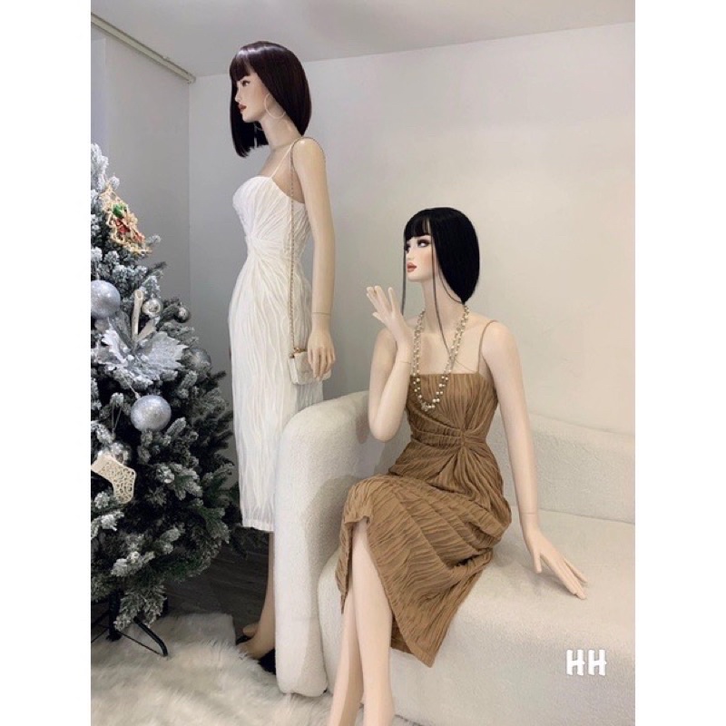 thanh lý đầm thun gợn sóng nhún eo màu nâu