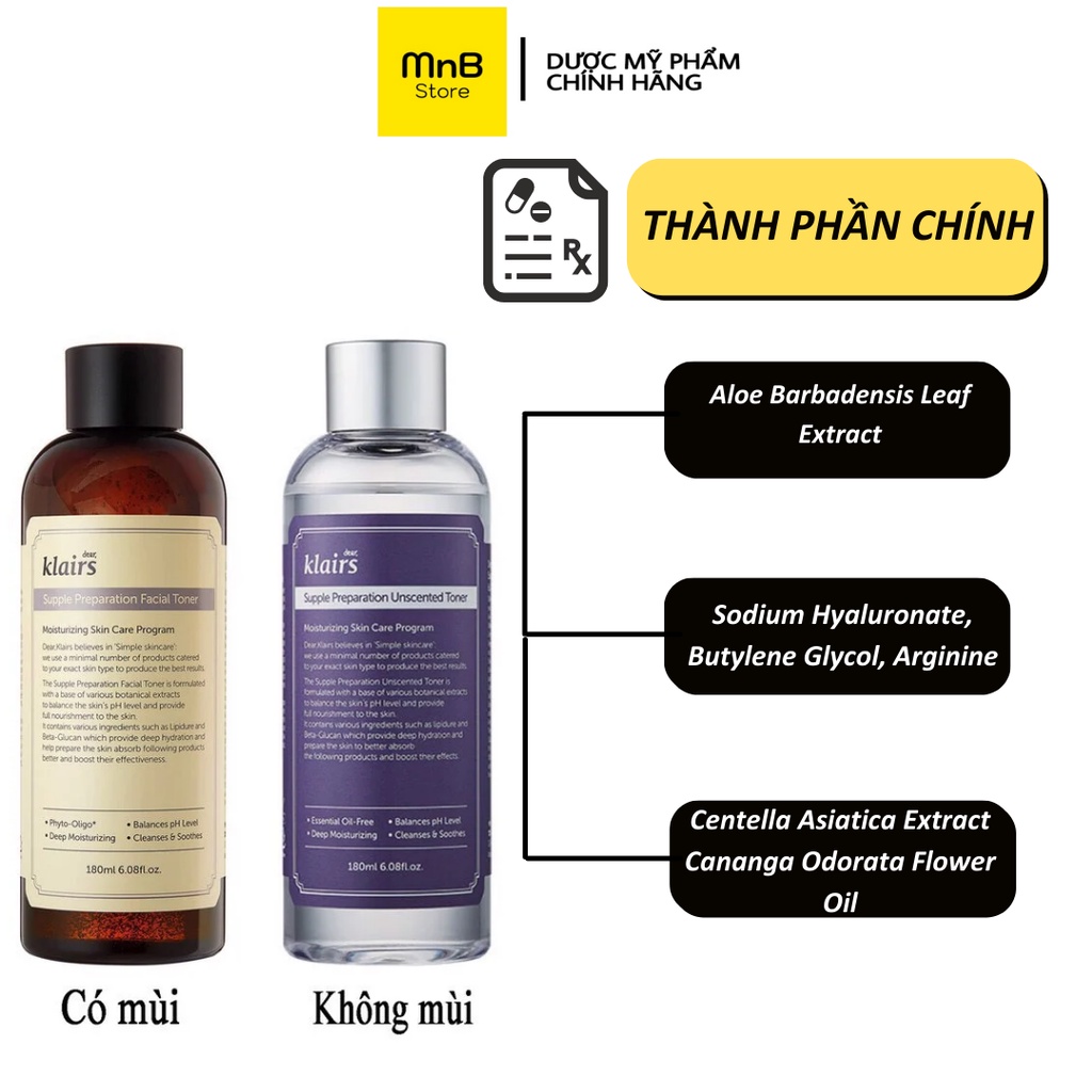 Toner Klairs Supple Preparation nước hoa hồng không cồn không hương liệu không mùi 180ml