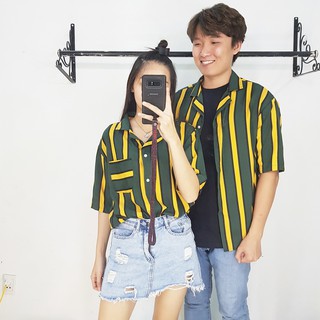 [Ảnh thật] Áo sơ mi kẻ sọc xanh vàng tay ngắn Oversize