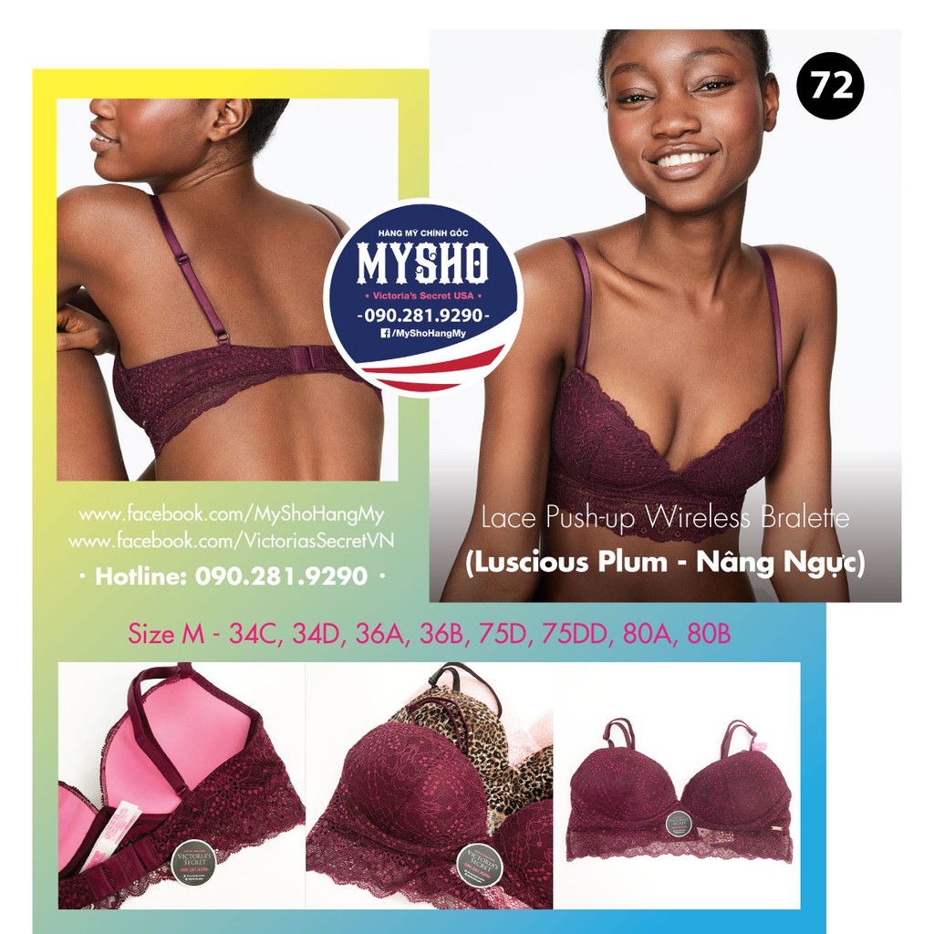 Áo Lót bralette 72 Lace Push-up Wireless Plum, màu đỏ đô, mút nâng, gài sau - Size M - hàng nhập Victoria's Secret