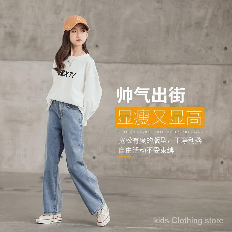 Hàng Có Sẵn Set Áo Thun Tay Dài In Hình Mặt Cười + Quần Jean Ống Rộng Màu Xanh Dương Cho Bé Gái /056