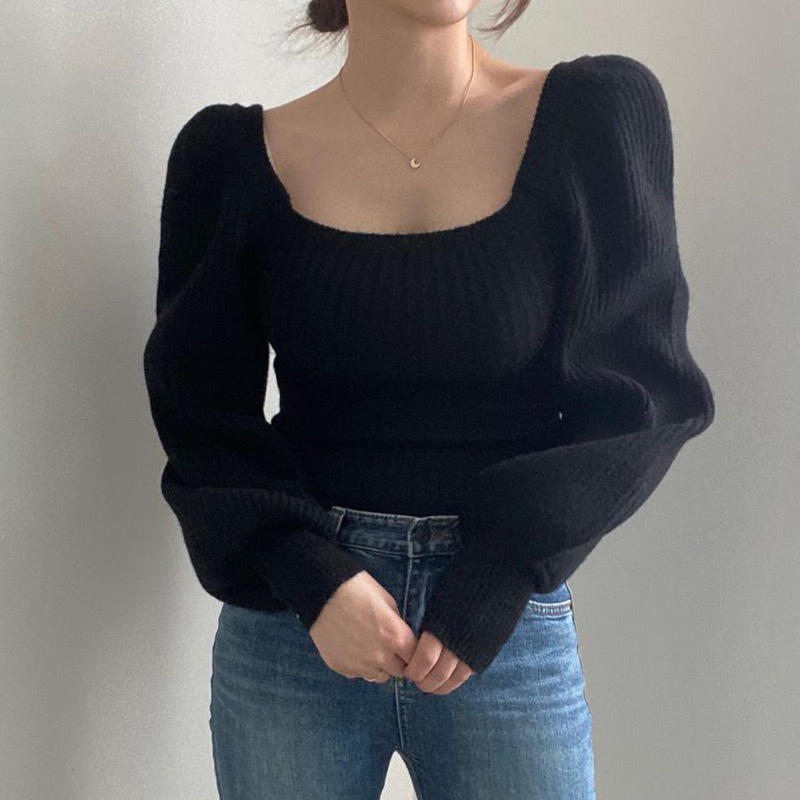 Porozi  Áo sweater dệt kim  tay phồng cổ vuông màu sắc đơn giản phong cách Hàn Quốc cho nữ