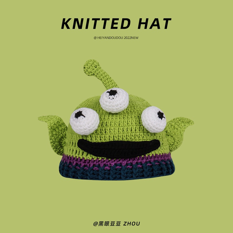 Mũ Len Dệt Kim Thủ Công Màu Xanh Lá Cây Hoạt Hình Vui Nhộn Thời Trang Cho Nữ