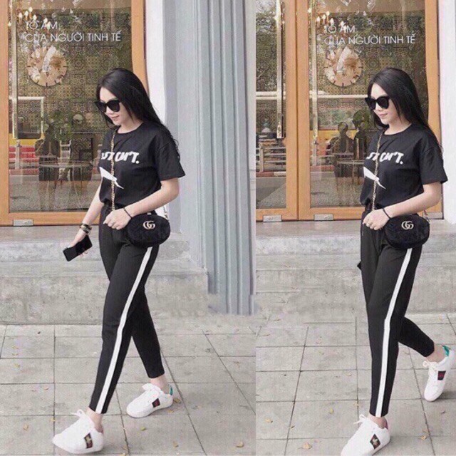 Quần Thun Nữ, Quần 1 Sọc Baggy Thể Thao Cotton Màu Đen C233