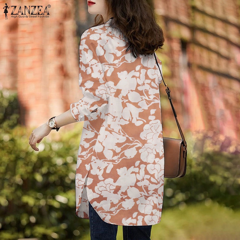 Áo sơ mi ZANZEA tay dài cổ tròn in hoa thời trang cho nữ