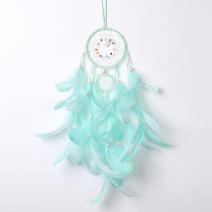 ( CÓ ĐÈN LED) Dreamcatcher Đính Lông Vũ Trang Trí Màu Xanh Nhẹ Nhàng