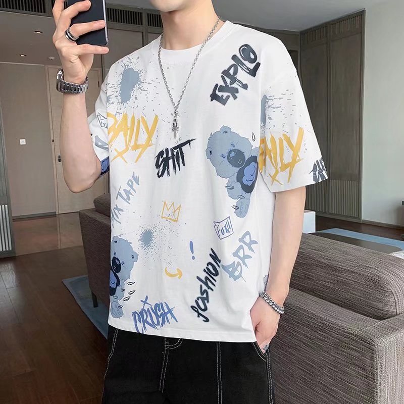 Áo Thun Tay Ngắn Dáng Rộng In Hình Gấu Size M-3XL Phong Cách Hàn Quốc Dễ Phối Đồ Thời Trang Mùa Hè Cho Nam
