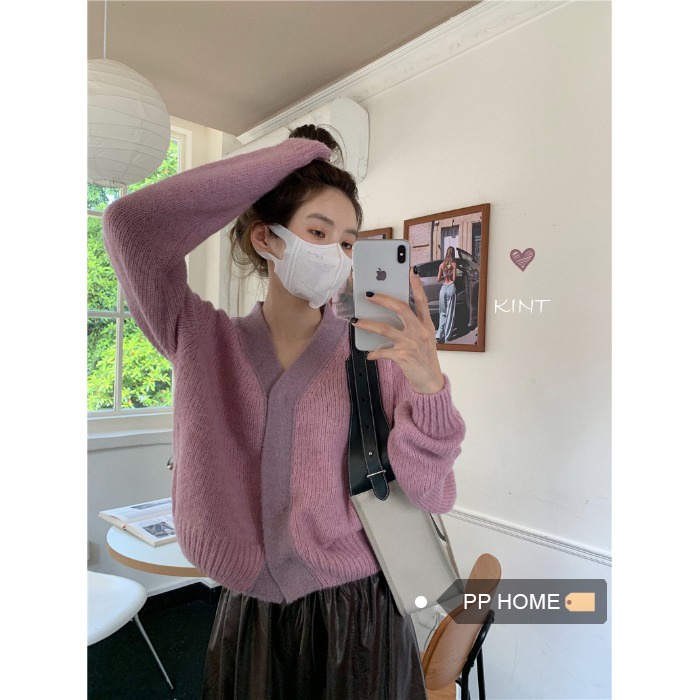 PPHOME Áo len dệt kim cổ chữ v rộng len cardigan