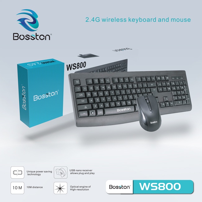 Bộ phím chuột không dây wireless Bosston WS800 - siêu tiết kiệm pin (Đen) - Hãng phân phối chính thức