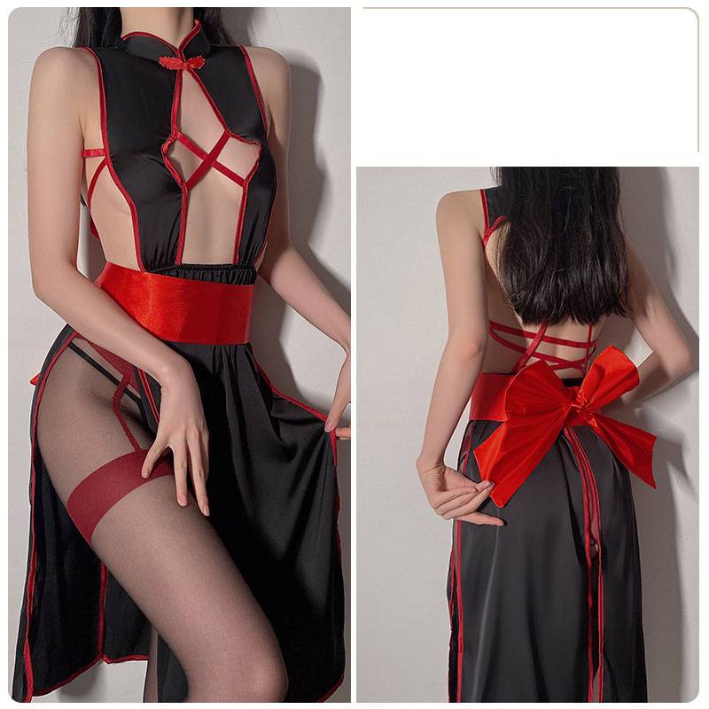 Bộ đồ lót sườn xám hở lưng thêu họa tiết phong cách retro quyến rũ cho nữ