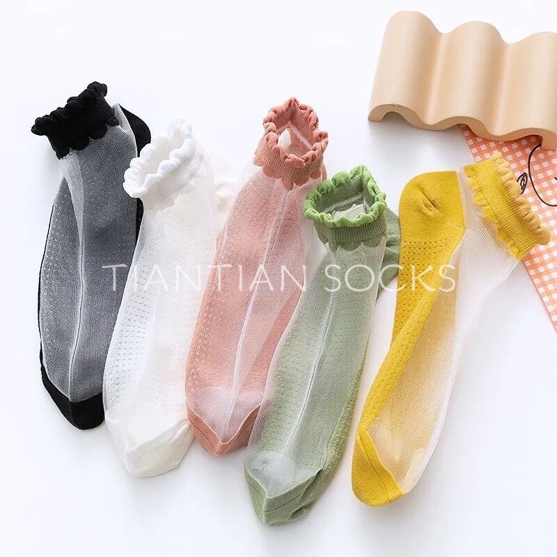 TIAN TIAN T157 Vớ nữ Cotton Mỏng Cổ Thấp Phối Ren Lưới Xuyên Thấu Thoáng Khí Thời Trang Mùa Hè