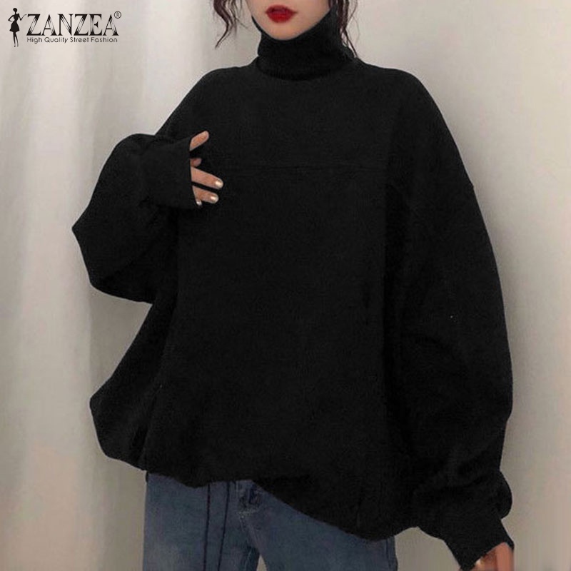 Áo sweater ZANZEA cổ cao tay màu dáng rộng màu trơn phối túi bên hông thời trang cho nữ