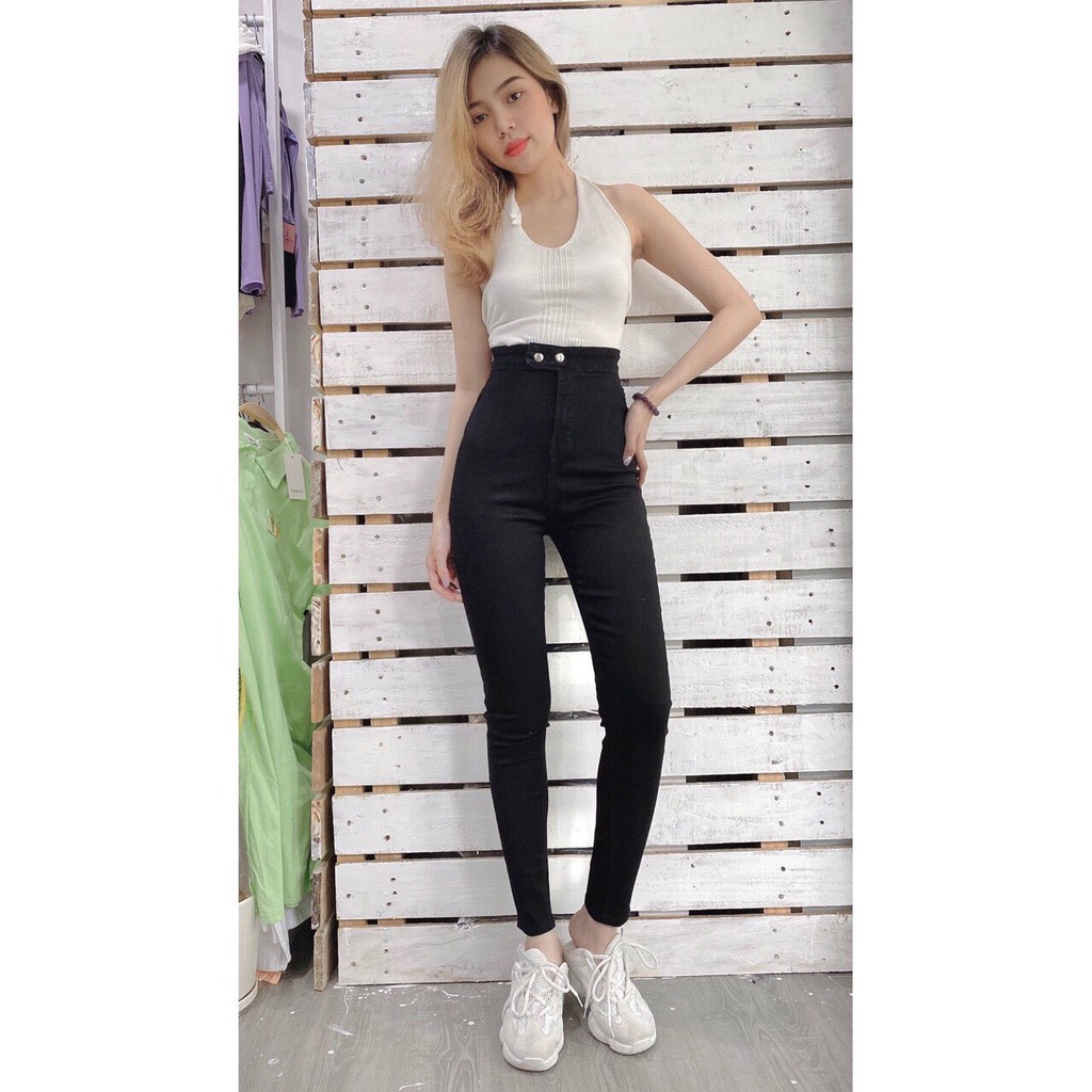 Quần Jean Nữ Lưng Cao Đai Trơn + 2 cúc gài ngang