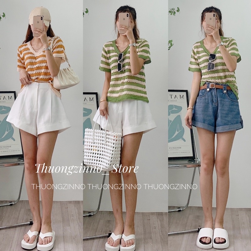 [Hàng loại 1]Áo len kẻ ngang Cầu vồng có tay Hàng Quảng Châu Áo phông chất mongtogi đay dặn basic Hàn Quốc