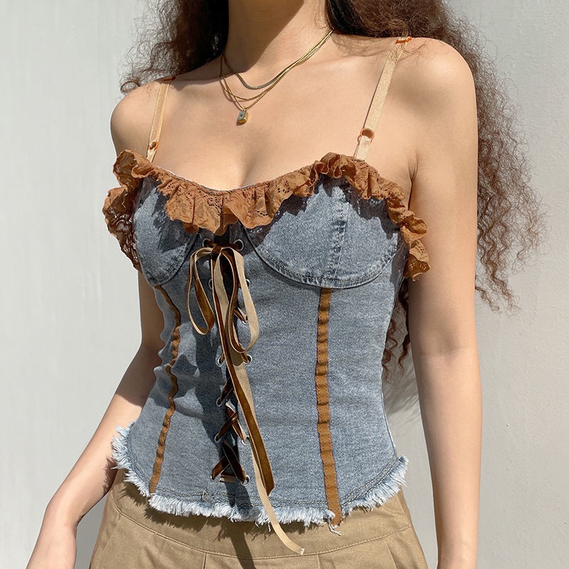 Áo Hai Dây Denim Viền Ren Phong Cách Retro Gợi Cảm Cho Nữ