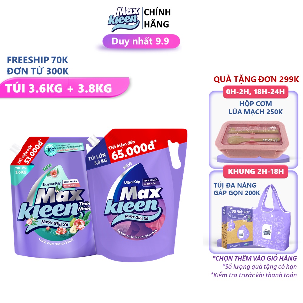 Combo 2 Túi nước giặt xả MaxKleen Thiên nhiên 3.6kg + Huyền diệu 3.8kg