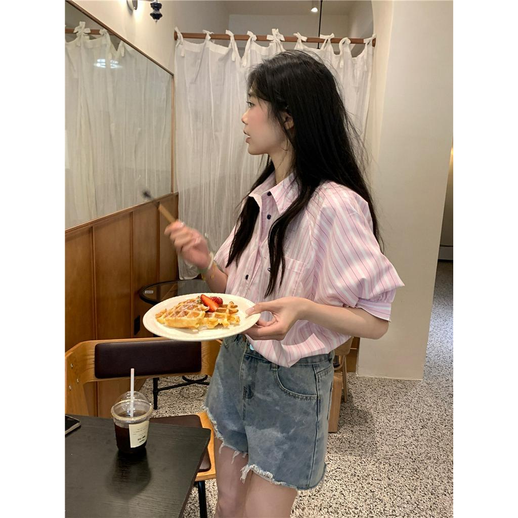 Áo Sơ Mi Kẻ Sọc Dáng Rộng Ngắn Tay Thời Trang Cao Cấp 64236