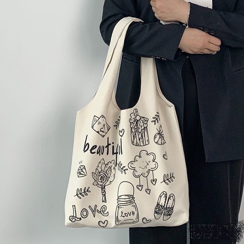 Túi tote vải bố đựng đồ canvas in hình bình hoa phong cách Hàn Quốc
