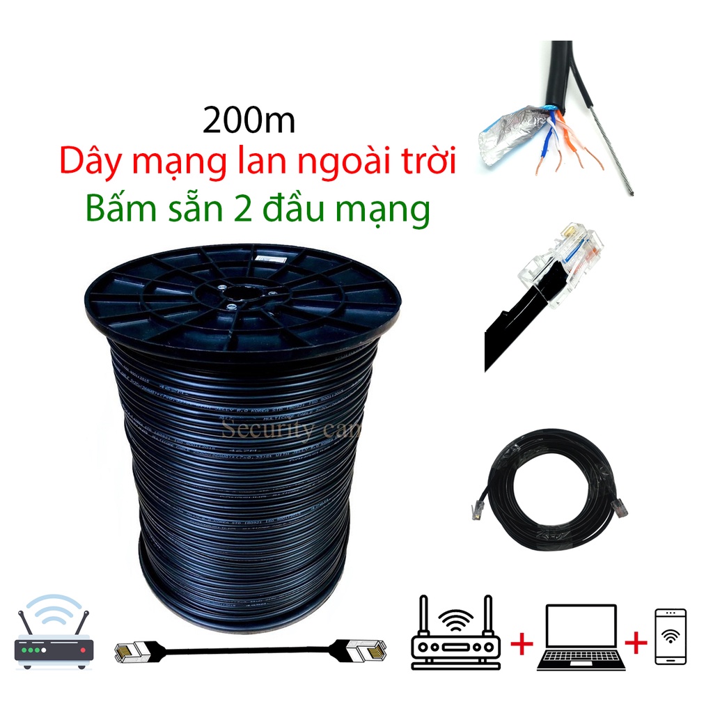 [200m] Dây mạng 4 lõi đồng nguyên chất 100% kèm cáp chịu lực chắc chắn có bọc bạc, dầu chống ẩm bấm sẵn 2 đầu