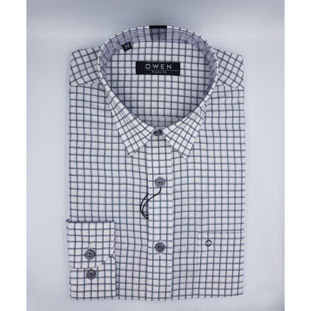 Áo Sơ Mi Nam Tay Dài Owen AR21049DT Dáng Regular Fit Màu Kẻ Caro Xám Xanh Nhạt Vải Sợi Tre
