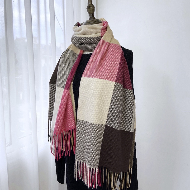 Khăn Quàng Cổ Cashmere Kẻ Caro To Đen/Đỏ/Trắng Vintage Unisex Nam Nữ