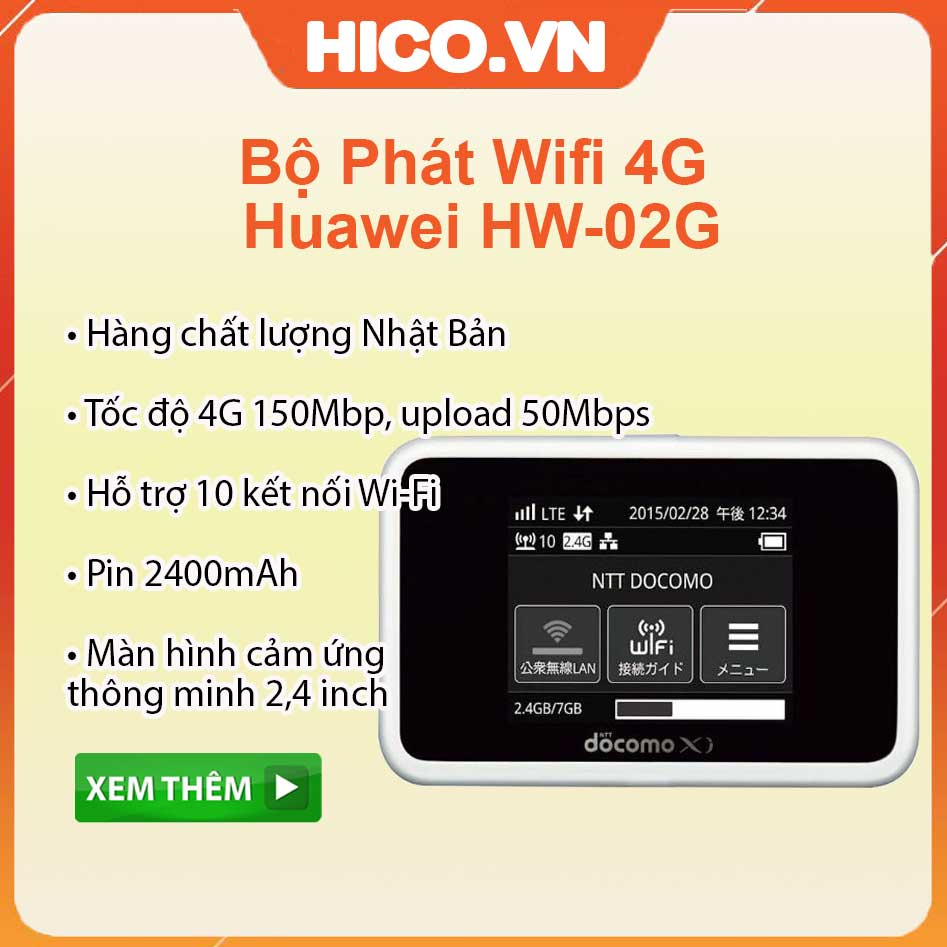 [Mã ELHAMS5 giảm 6% đơn 300K] Bộ Phát Wifi 3G 4G Huawei Docomo HW-02G - Hỗ Trợ Kết Nối 10 Thiết Bị - Hàng Nội Địa Nhật