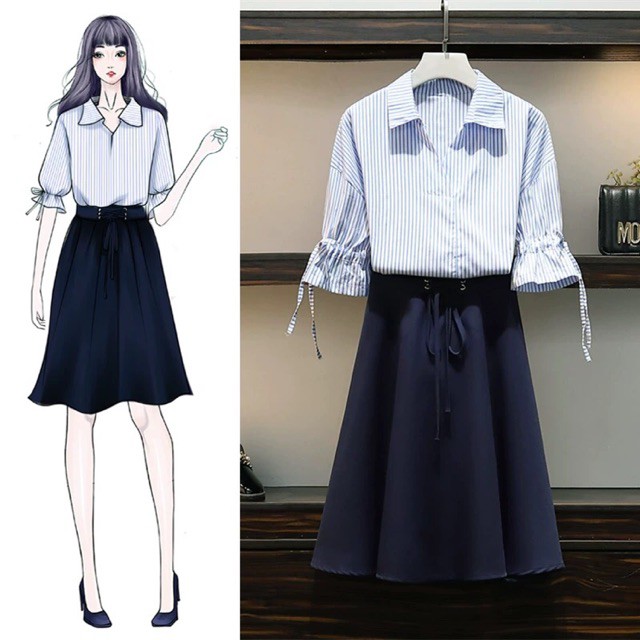 (Order) Bigsize Set áo sơ mi tay bo buộc nơ + chân váy đan dây bụng dáng xoè dài công sở, thanh lịch, nhẹ nhàng
