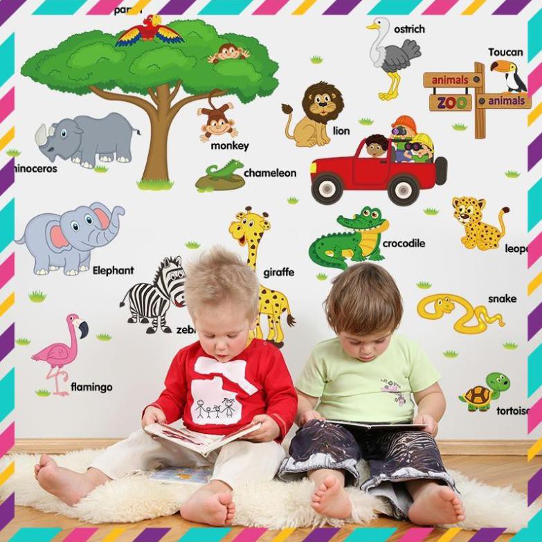 [ Size Lớn ] Decal dán tường kết hợp Tên tiếng Anh các động vật và đoàn tàu sở thú SK9084+SK9011 Zooyoo