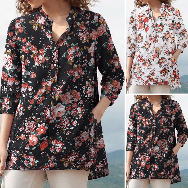 Áo kiểu ZANZEA tay áo 3/4 cổ chữ V in họa tiết hoa đơn giản kiểu vintage dễ phối đồ cho nữ