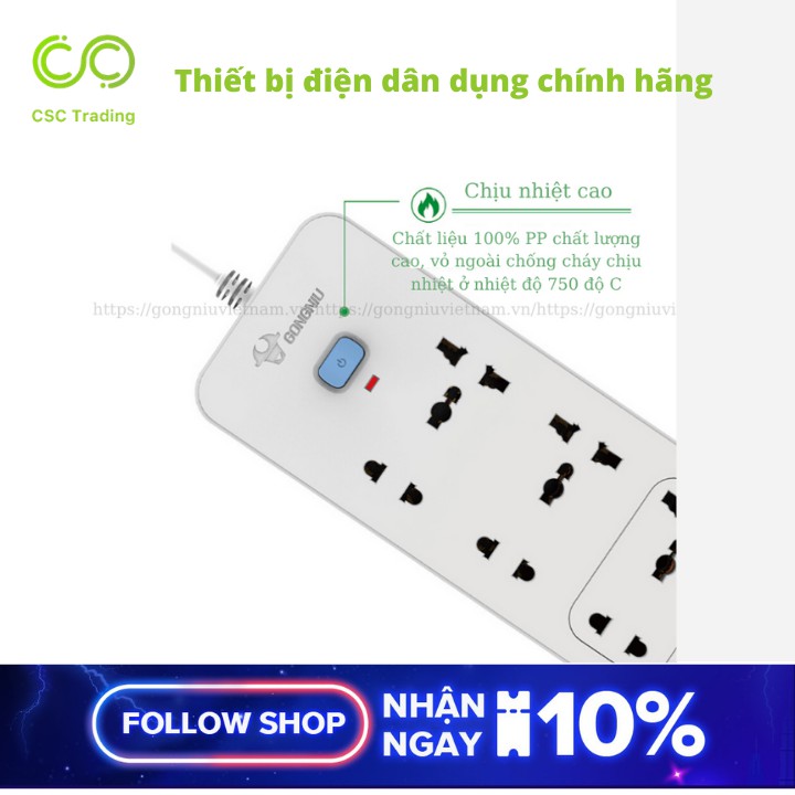 Ổ Cắm Điện Gongniu 6 Ổ Đa Năng 1 Công Tắc – Công Suất 10A/250/2500W – Trắng – Chính Hãng (N1330)