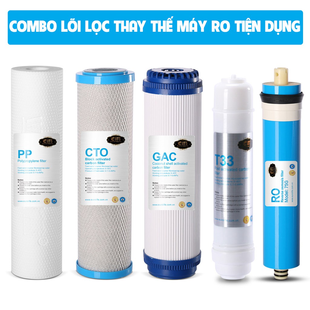 Combo 5 lõi lọc cho máy lọc nước tinh khiết RO Eurolife EL-CB2