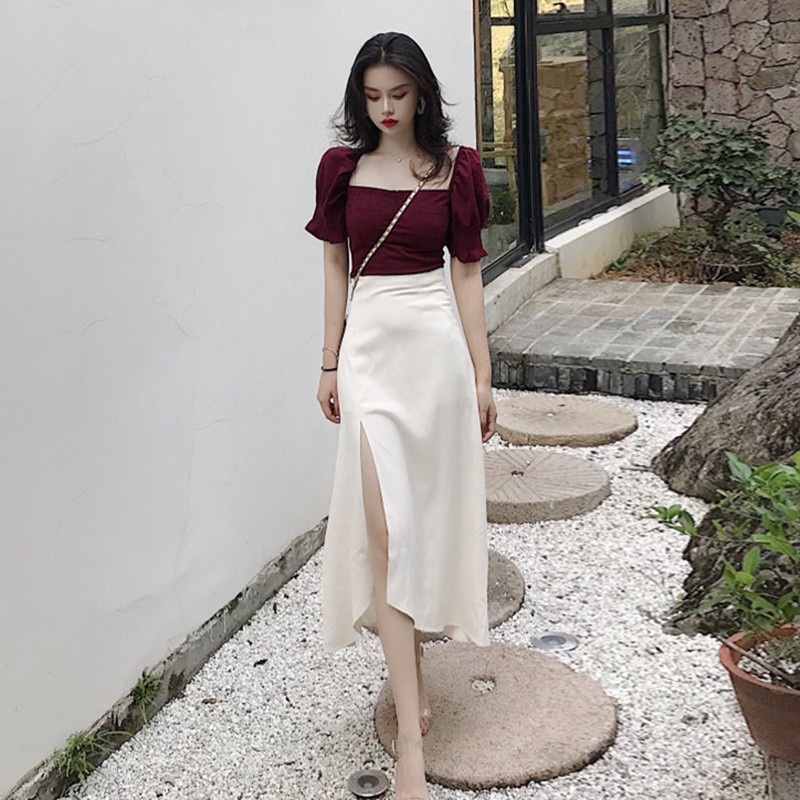 Set áo tay bồng cổ vuông dáng lửng màu đỏ mix chân váy / đầm trắng xẻ tà dáng dài xinh xắn V00128 | BigBuy360 - bigbuy360.vn