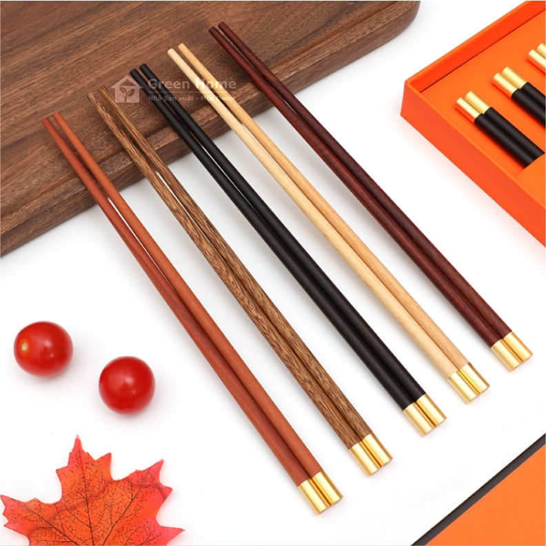 Đũa Gỗ Jinfu Và Đàn Hương Đỏ Cao Cấp - Đũa Gỗ Cánh Gà Mạ Vàng Chất Lượng Cao - Comboo 5 Đôi Và 10 Đôi