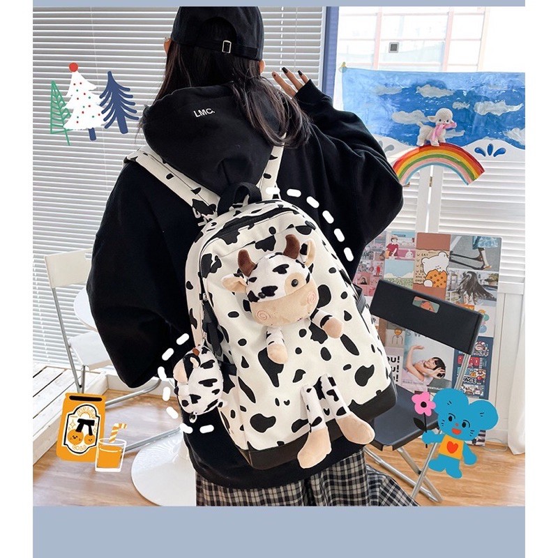 Hàng Quảng Châu Balo bò sữa trend vải canvas kèm con bò balô đi học bag phụ kiện học sinh ulzzang giá rẻ