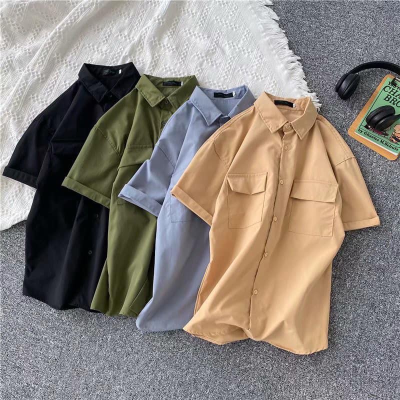 Áo sơ mi trơn unisex phong cách hàn quốc, vải kaki thoáng mát hot 2021 | BigBuy360 - bigbuy360.vn