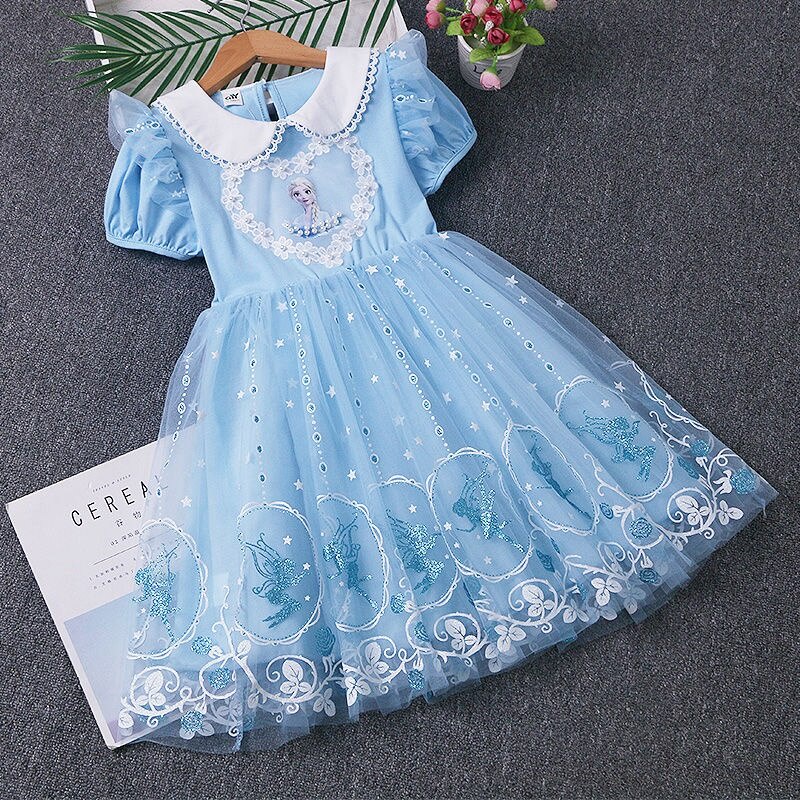 Đầm Công Chúa Elsa Bằng Cotton Tay Ngắn Phối Ren Dành Cho Bé Gái