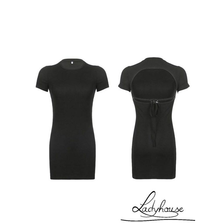 LDD-Women’s Casual Short Sleeve Dress Fashion Solid Color Tie-up Backless Skinny Short Dress