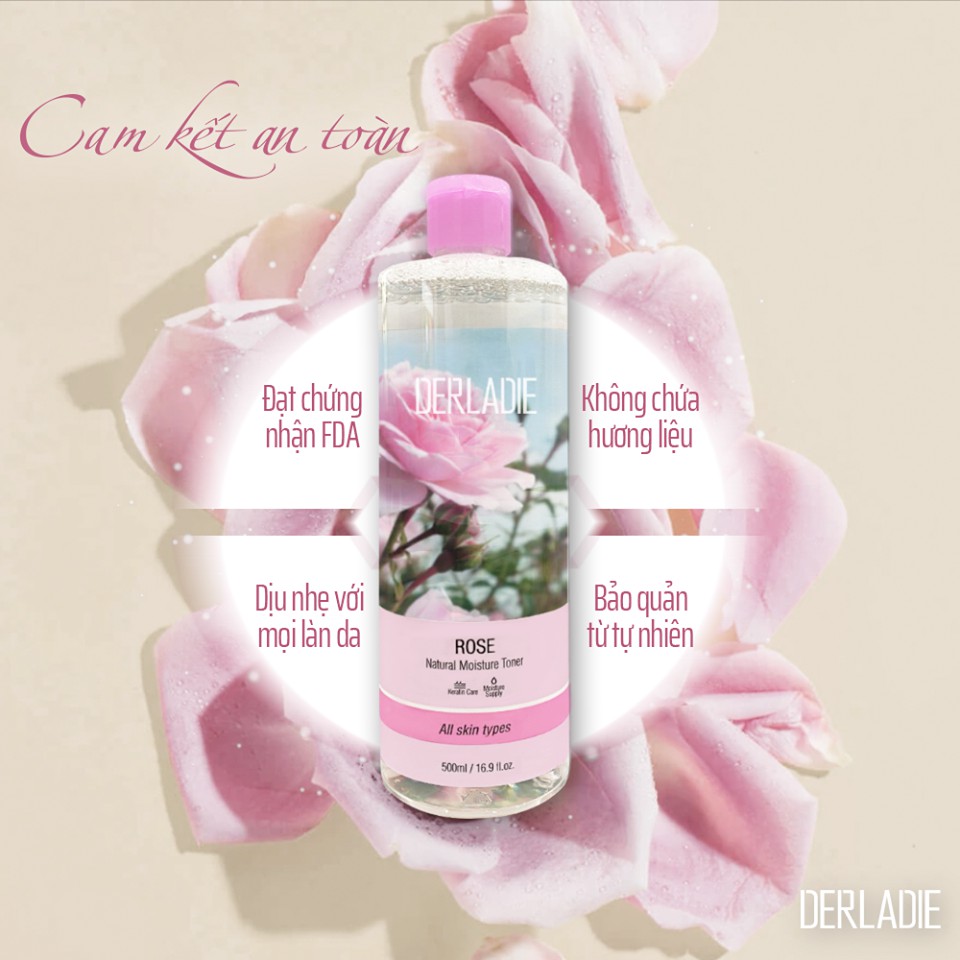 Nước Cân Bằng Da Derladie Rose Natural Moisture Toner (500ml) Tặng Bông Tẩy Trang Ceiba Xanh Lá (80 miếng)