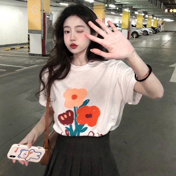 Áo Thun Dáng Rộng In Hoa Kiểu Hàn Quốc Thời Trang Mùa Hè Cho Nữ Cỡ 2XL