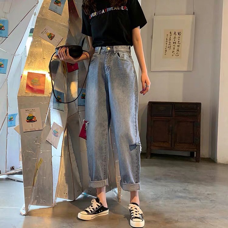 [ FREESHIP ] QUẦN BAGGY JEAN NỮ LƯNG CAO MÀU XANH NHẠT CAO CẤP UTI RÁCH 2 BE LỆCH NHẸ SIÊU CÁ TÍNH, ĐÁNH BAY CON GIÁP