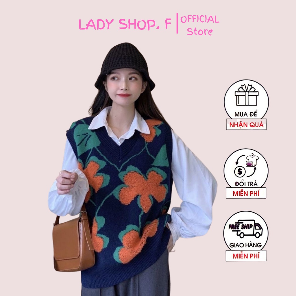 Áo Gile len nữ cổ v họa tiết hoa cam phong cách thời trang Unisex Hàn Quốc LADY SHOP M19HD