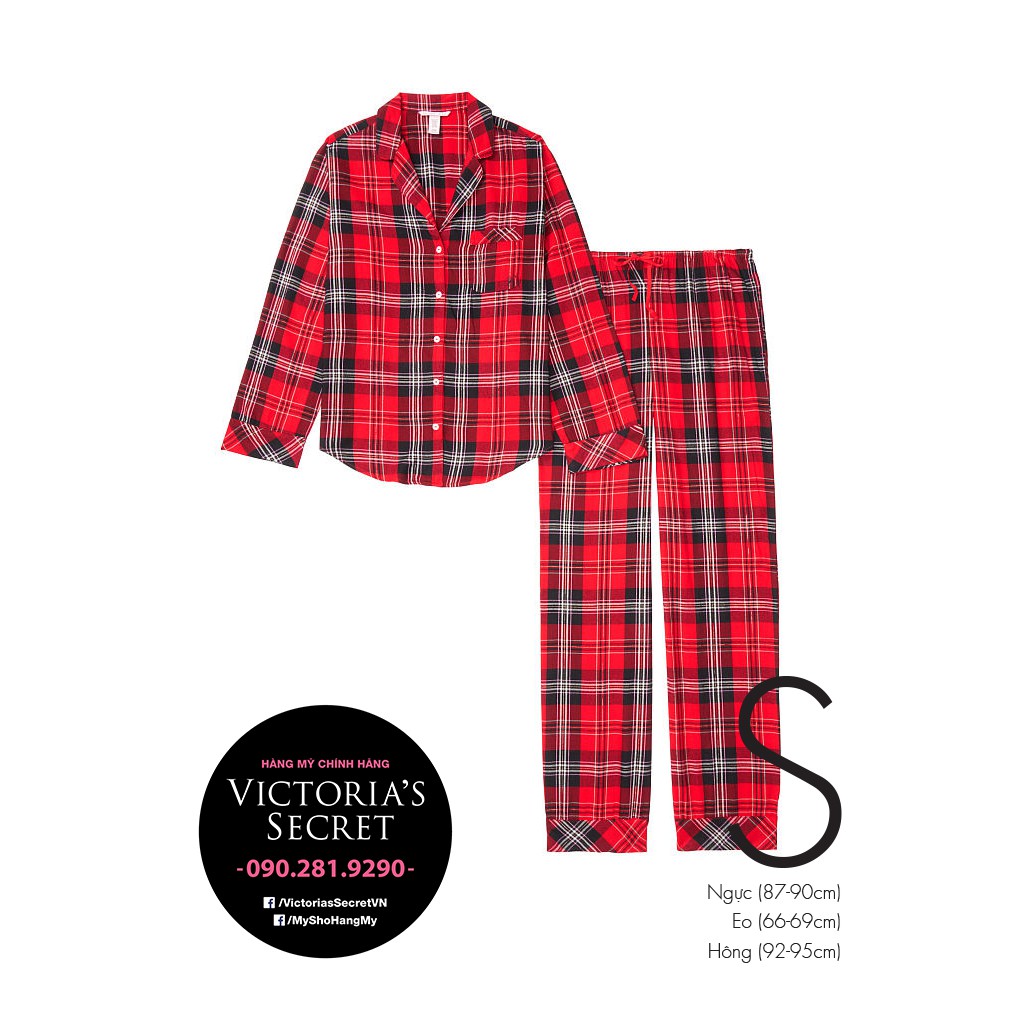 (Sleep S) - Bộ đồ ngủ dài, đỏ caro đen (20), viền lấp lánh, Shimmer Flannel Long, Big Red - Victoria's Secret